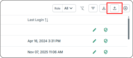 Shows the Import Users button, represented by an upload icon, located in the upper right corner of the User List